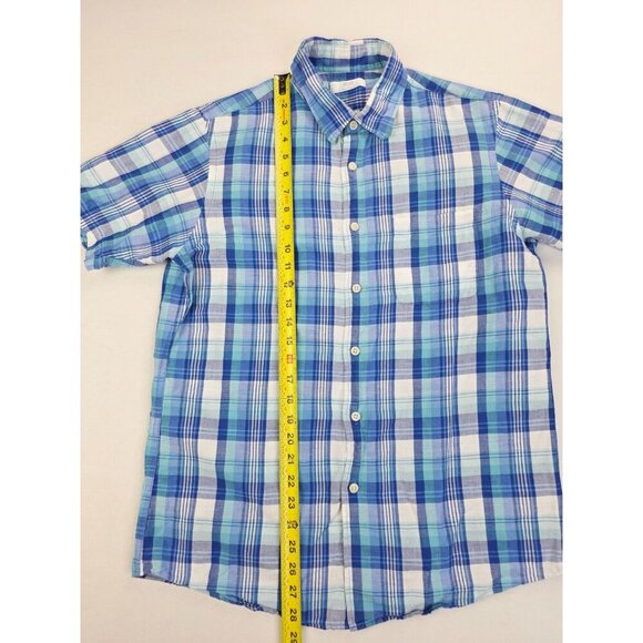 Uniqlo Size Medium Mens Blue White Check Short Sleeve Linen Cotton Blend Shirt - Picture 8 of 9